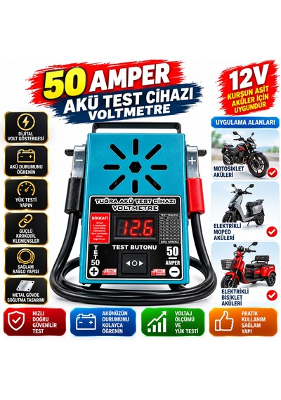 Tuğra 50 Ah Akü Test Cihazı Dijital Voltmetre 12v Kurşun Asit Aküler İçin Yük Test Cihazı