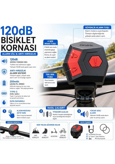 Triline 120 Db Usb Şarjlı Bisiklet Kornası Alarm Zili Anti Hırsızlık Elektrikli Korna Scooter Siyah
