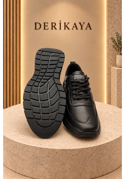 Deri Kaya Erkek Kalın Taban Bağcıklı Günlük Sneaker Spor Ayakkabı Siyah
