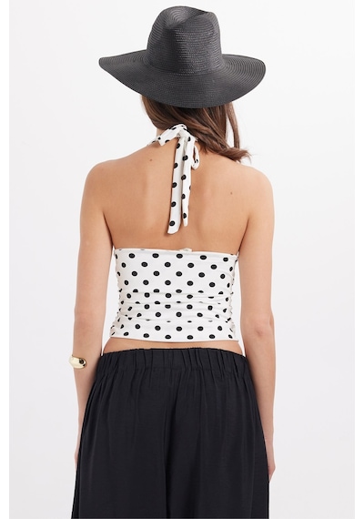 Tudors Kadın Standart Fit Normal Kesim Kolsuz Halter Yaka Boyundan Bağlama Detaylı Puantiyeli Beyaz Bluz-51014