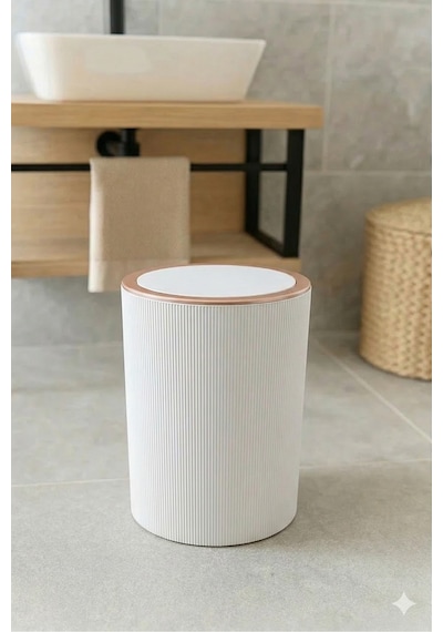 İndecor Houseware Liza Beyaz Çizgili Yuvarlak Banyo Çöp Kovası - Mutfak Çöp Kutusu - Ofis Çöp Kovası 5 Litre