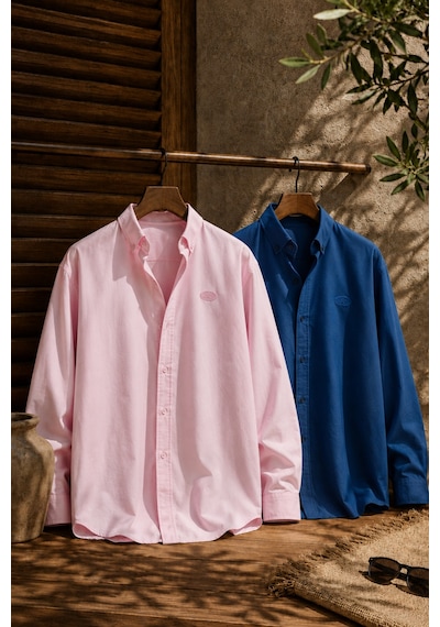 Respire Erkek Minimal Baskılı Oversize Dokulu Gömlek 2'li Set Pembe-petrol