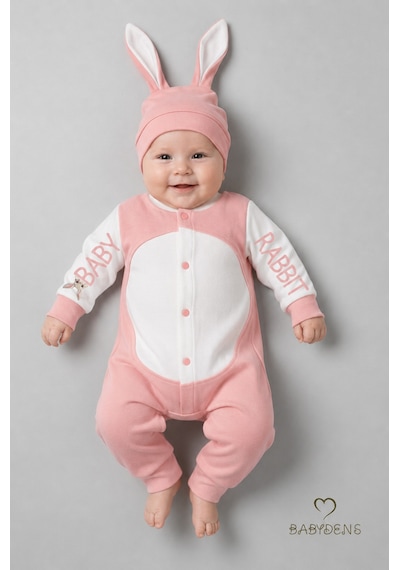 Babyden's Tavşan Kulaklı Yenidoğan Tulum Seti %100 Pamuklu Ayarlanır Ponponlu Unisex Bebek Tulum Şapka Set Pudra Pembe