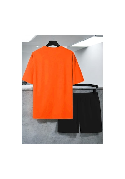 Uyguntarz Unisex Papatya Kelebek Tasarım Basklı Tshirt Şort Takımı Turuncu