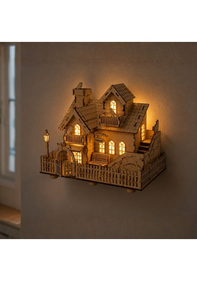 Ahşap Ev Maketi Peri Led'li Dıy Duvara Asılabilir Ev Modeli Işıklı Dekor 82 Parça