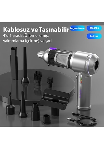 Ezere Vacpro 20000pa Güçlü Dijital Göstergeli Vakumlu Kablosuz Üflemeli Mini Araç Süpürgesi