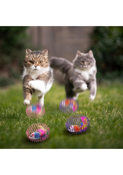 Bakgelal Kedi Oyuncağı Spiral Tel Top & İçinde Peluş Fare Hareketli Zıplayan Kedi Topu, Avcılık İçgüdüsünü Geliştirir, Dayanıklı Metal Yay Top, Kediler İçin Etkileşimli Eğlence Oyuncağı