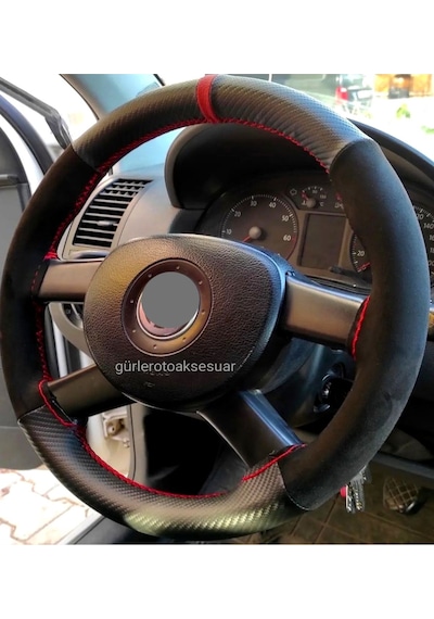 Renault Clio 4 Uyumlu Dikmeli Direksiyon Kılıfı Alkantara Karbon Kırmızı