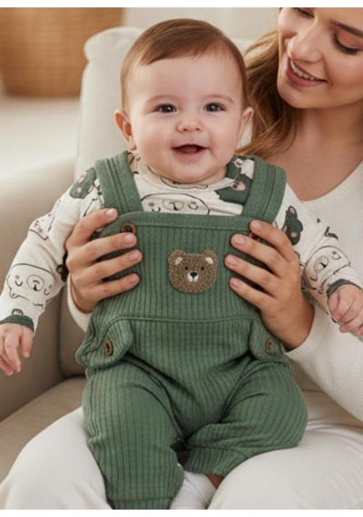 Altıntaş Baby Ayı Nakışlı Bebek Tulum Yeşil Yeşil
