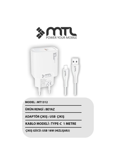 18w Qc 3.0 Destekli Hızlı Şarj Usb Adaptör + Type-c Usb Kablo Şarj Cihazı Seti Mt1312