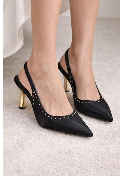Modaonn Kadın Sivri Burun Zımbalı Slingback İnce Topuk Ayakkabı Siyah