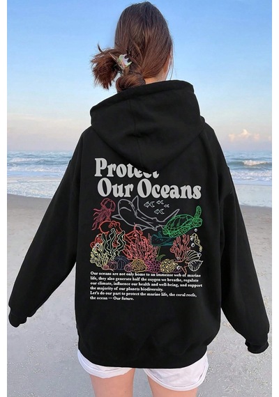 Oceans Baskılı Oversize Sweatshirt Siyah
