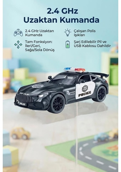 Mercedes Amg Tasarımlı 1:16 Ölçekli 2.4 Ghz Full Fonksiyon Şarjlı Uzaktan Kumandalı Polis Aracı Siyah