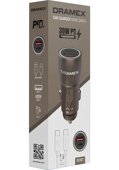 Dramex Dc30t 3.1a 30w Pd Q.c. 3.0 1mt Type-c Kablolu 1xtype-c + 1xusb-a Çıkışlı Hızlı Araç Şarj Cihazı - Kahverengi
