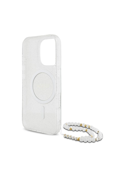 Apple Uyumlu iPhone 16 Pro Max Kılıf Guess Lisanslı Magsafe Özellik Simli Silikon İnci Bileklikli Şeffaf
