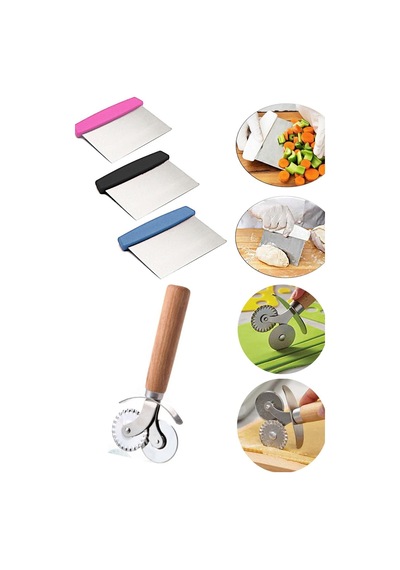 Hamur Kesme Aparatı Spatula + Ahşap Saplı Hamur Ve Pizza Kesme Ruleti Renkli