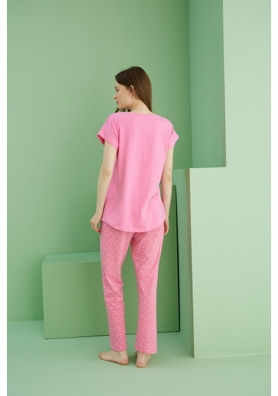 Siyah İnci Pamuklu Bisiklet Yaka Örme Pijama Takım25117079 Pembe