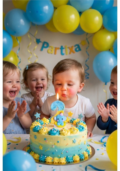 Sevimli Fil Figürlü Mavi-sarı Rakam Mum Doğum Günü Pasta Süsü