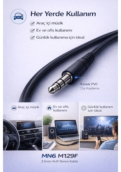 M129f Aux Kablo 3.5mm Erkek-erkek 3m Stereo Ses Kablosu 3 Metre