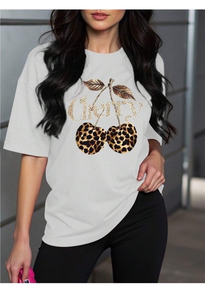 Uyguntarz Unisex Leopar Desenlı Vişne Baskılı Tasarım Tshirt Beyaz