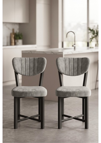 Sandalye 2 Adet Baby Face Kumaş Metal Ayak Modern Mutfak Sandalyesi Cafe Balkon Ofis Elma 9810 Gri Altın