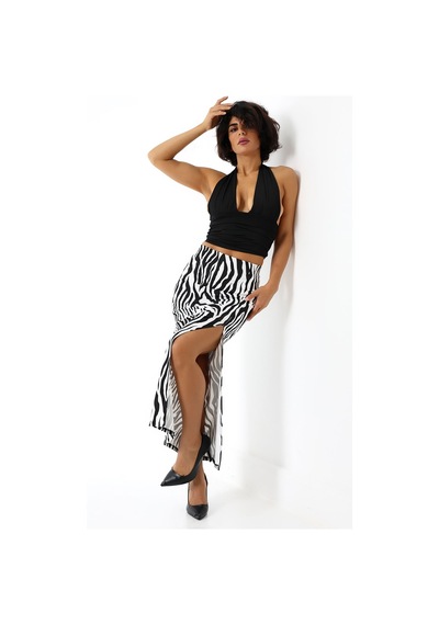 Gugus Kadın Derin Yırtmaçlı Dijital Baskılı Etek Maxi Boy 92 Cm Kalın Zebra
