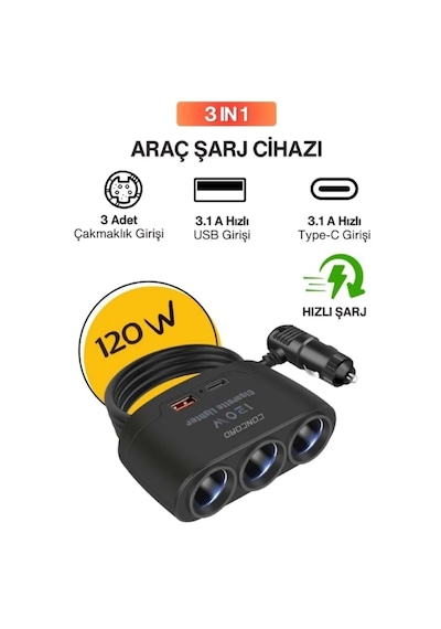 Concord C-778 120w 3.1a Usc-c 3in1 Araç Çakmaklık Çoklayıcı Siyah