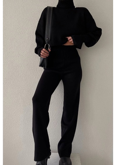 Cıqulata Triko Crop Pantolon Takım Siyah Siyah