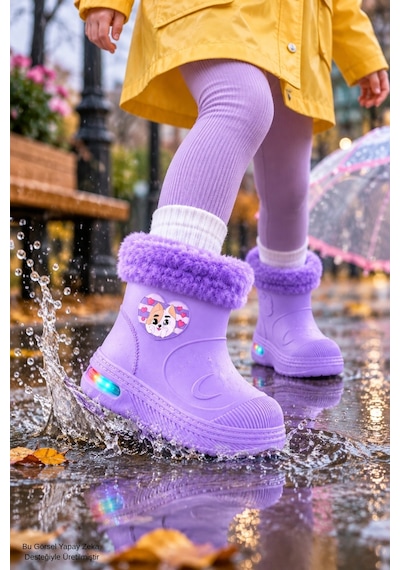 Muggo Muppy Işıklı Kürk Detaylı Unisex Çocuk Günlük Yağmur Ve Kar Botu Lila