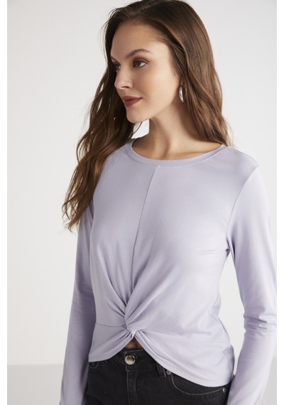 Ethıquet Genesıs Kadın Slim Fit Dar Kesim Önü Nervürlü Drape Detaylı Yuvarlak Yaka Crop Lila Bluz
