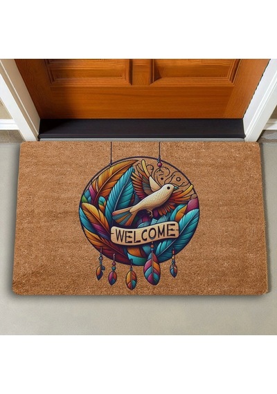 Valerine Life Tüy Ve Kuş Çemberi Oyma Yazılı Welcome Kapı Önü Paspası 45x70cm