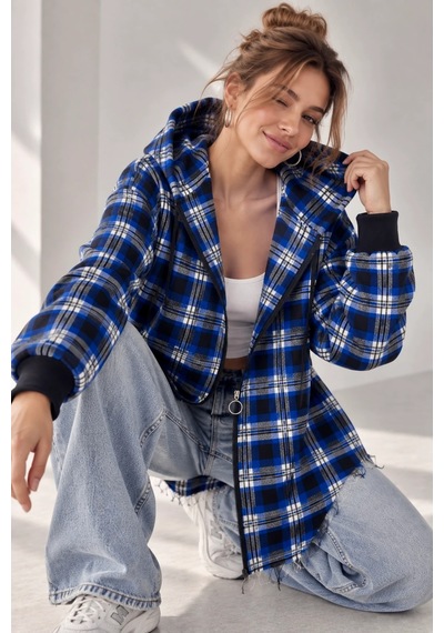Bb Butik Basic Kapüşonlu Fermuarlı Oversize Ekose Oduncu Gömlek Ceket Kadın Rahat Mevsimlik Günlük Tr0935 mavi
