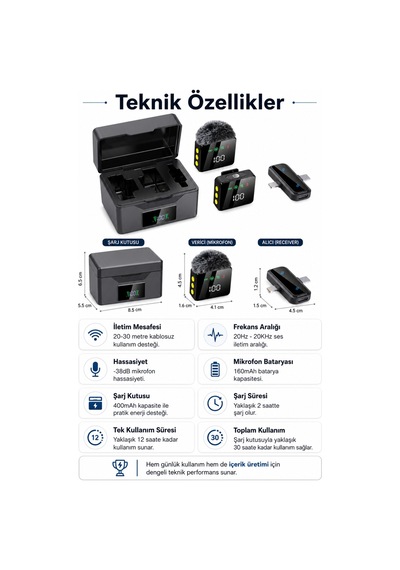 Kablosuz Tüylü Siyah Yaka Mikrofonu 1 Alıcı 2 Verici Şarj Kutulu Dijital Ekranlı 2.4g Gürültü Azaltmalı Type-c Lightning Uyumlu Mikrofon Seti Siyah Siyah