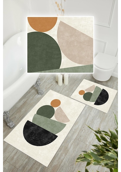 Dijital Baskı Art Seri Kaymaz Taban 2li Set Banyo Paspası Klozet Takımı 50x60cm-60x100cm krem