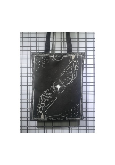 Owl Bag Gotik Tarz The Star Desenli Tasarım Kumaş Omuz Çantası Siyah Beyaz