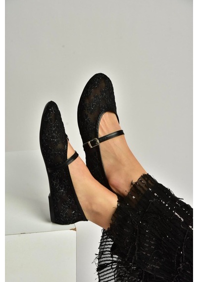 Fox Shoes Y726711415 Siyah File Çiçek Motif İşlemeli Kadın Babet Siyah
