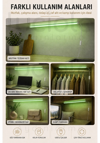 Yeşil Led Profil Lamba 100 Cm Usb 5v Anahtarlı Yapışkanlı Raf Dolap Vitrin Tezgah Aydınlatması
