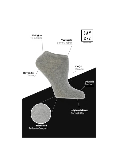 Saysez Bambu Sneaker Gri Melanj Çorap Dikişsiz Görünmez Bilekte Spor Çorap Premium 4'lü Paket Renkli