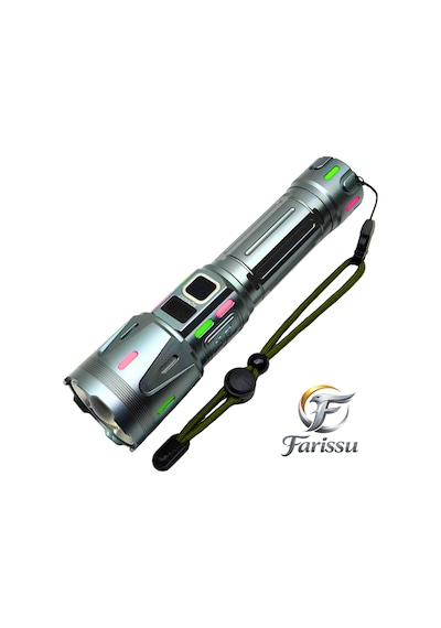 Ultra Güçlü Beyaz Lazer Led El Feneri - 2 Km Menzilli & Powerbank Özellikli Çift Pil Setli Gri