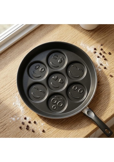 Papilla Redio Emoji Pankek Ve Yumurta Tavası - 7 Bölmeli Gülen Yüz Tasarımlı, Yanmaz Yapışmaz S Siyah