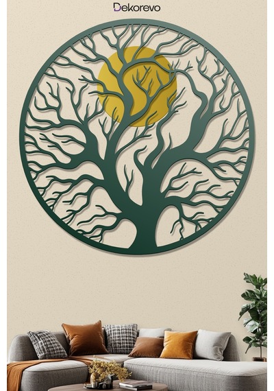 Hayat Ağacı Ve Güneş Metal Duvar Tablosu - Metal Duvar Sanatı - Yosun Yeşili - 75 X 75 Cm Yeşil