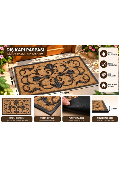 Dekoratif Dış Kapı Paspası Dijital Baskılı, Kaymaz Pvc Plastik Tabanlı, Şık Desenli Kapı Önü Paspası 40x70 Cm Taba