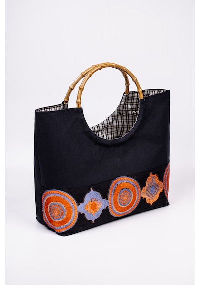 Fabric Craft Bag El Çantası Duck Kumaş Etnik Bordürlü Lacivert Lacivert - Mavi