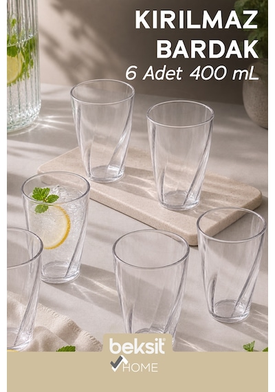 Home Glassy Kırılmaz Polikarbon 6'lı Bardak Şeffaf 400 Ml Şeffaf Şeffaf