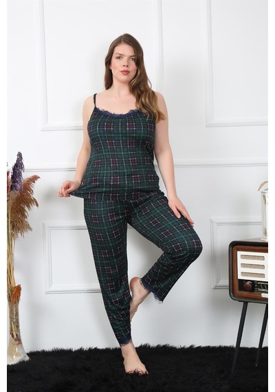 Akbeniz Kadın Büyük Beden Yeşil Ekoseli İp Askılı Pijama Takım 202197 Çok Renkli