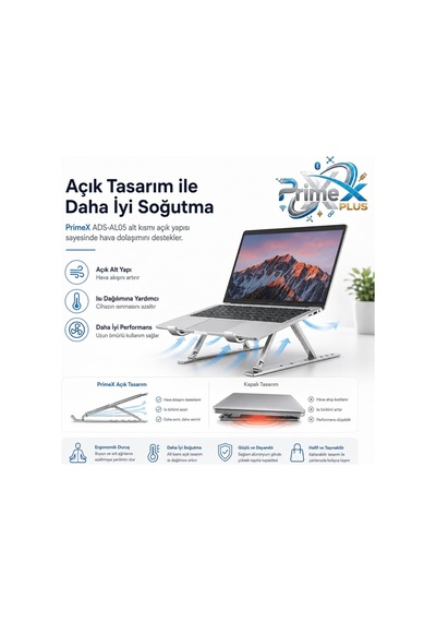 Primex Ads-al05 Alüminyum Ayarlı Laptop Standı, Macbook Notebook Yükseltici Tutucu, Katlanabilir Taşınabilir Ergonomik Laptop Altlığı, 10-16 İnç Uyumlu, Kaymaz Silikon Destekli Gümüş Stand