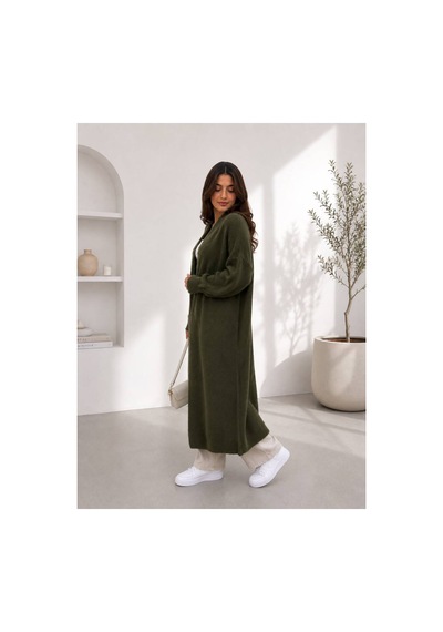 Hira Life Fashion Kadın Şal Yaka Uzun Triko Ve Sakallı Tüylü Hırka Haki Haki