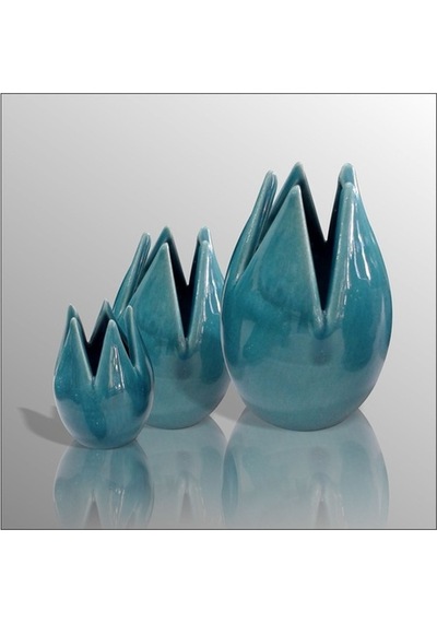 Seramik Turkuaz Laleler Biblo Seti 15Cm - 13Cm - 9Cm
