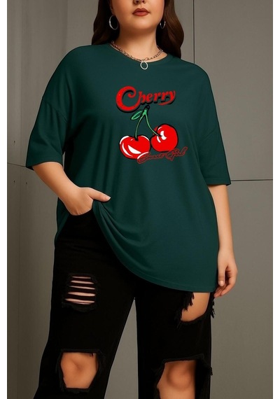 Büyük Beden Cherry Kiraz Baskılı Unisex Tişört Yeşil