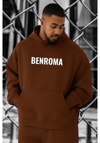Benroma 3 İplik Penye Baskılı Büyük Beden Sweatshırt Kahverengi